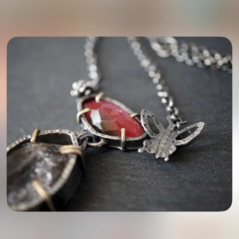 Sterling Silver and Tourmaline Pendant with Herkimer Diamond Necklace - Picture 4 of 14